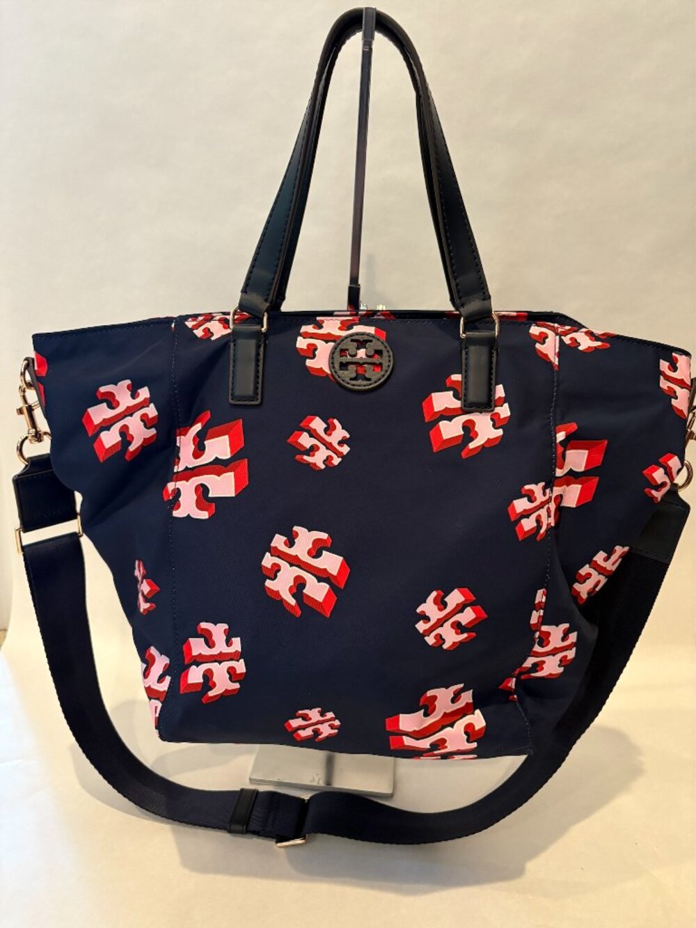 Authentic Tory Burch Navy Blue Red Pink Stacked T Kira Nylon Tote